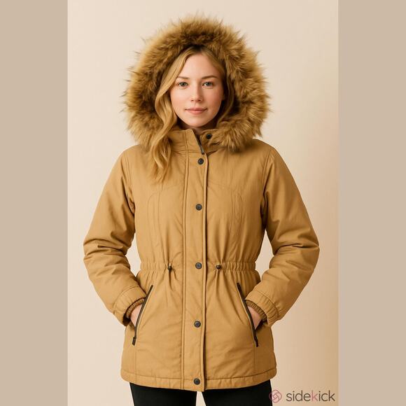 Gallery Tan Anorka Fur Trim Hood Insulated Neutral Outdoor Parka Winter Jacket M - Picture 1 of 14